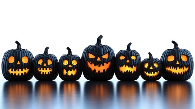 Row of Carved Jack - O - Lanterns with Varied Faces for Halloween Decor