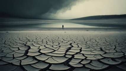 A lone figure stands on cracked earth, facing a calm, reflective lake under a somber sky
