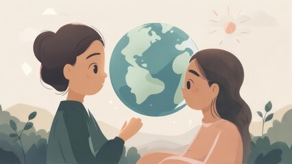 Two children, a mother and daughter, facing each other, discussing environmental issues.  A globe floats between them