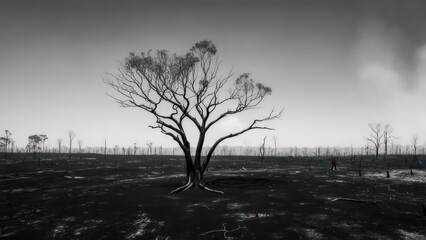 A lone tree stands amidst a scorched landscape