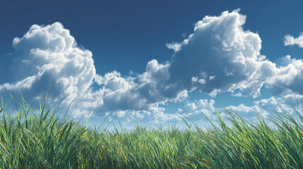 Fluffy white clouds float in vibrant blue sky above lush green grass, creating serene and peaceful landscape