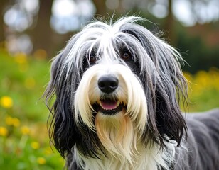 Portrait of a fluffy dog in a meadow