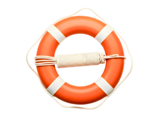 Orange life buoy with rope isolated on transparent background for safety at sea