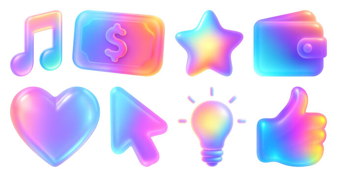 Colorful holographic 3D icons - Powered by Adobe