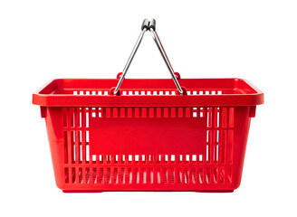 Red plastic shopping basket isolated on transparent background for supermarket use