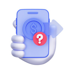 3D icon of a smartphone with a questionable money transfer For suspicious transaction, unknown payment, potential scam, financial inquiry.
