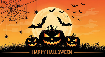 Happy Halloween Spooky Night with Jack-o'-lantern Pumpkins, Flying Bats, and Spiders Silhouette against a Full Moon, perfect for festive backgrounds, cards, and holiday designs.