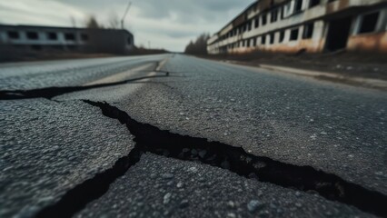 A cracked asphalt road leading to abandoned buildings