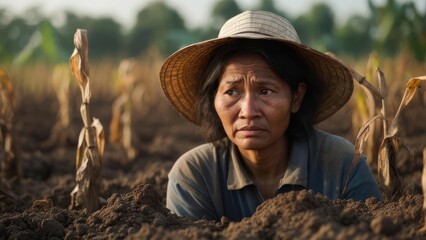 A woman in a straw hat, crouched in a cornfield, looks thoughtful