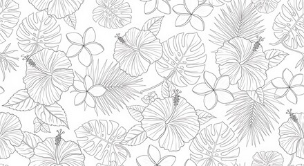 Outlined tropical floral repeat pattern featuring hibiscus and monstera