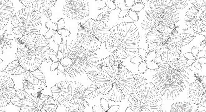 Outlined tropical floral repeat pattern featuring hibiscus and monstera