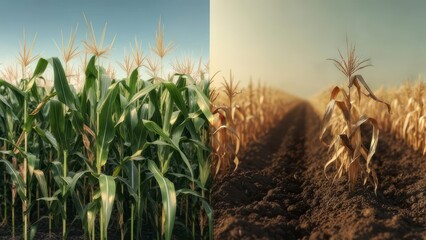 Cornfield, vibrant green contrasted with dry, barren stalks