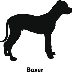 Boxer dog silhouette vector, athletic guard breed profile with lean stance, bold black outline, flat minimal style
