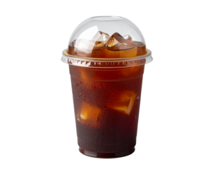  Takeaway Iced Coffee Cup with Dome Lid and Ice, Angled Side View, PNG Isolated