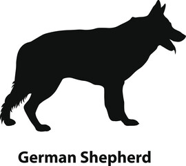 German Shepherd dog silhouette vector, alert working breed profile with upright ears, bold black outline, flat minimal style for security logo, badge, sticker