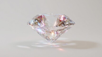 A brilliant-cut diamond, exhibiting iridescent facets and a subtle shadow on a light grey background.  Its facets catch and reflect light, creating a dazzling sparkle