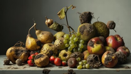Still life of decaying fruits and vegetables