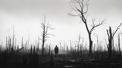 A solitary figure stands amidst a barren, smoky landscape of dead trees
