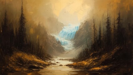 Glacial valley, autumnal hues, misty mountain range