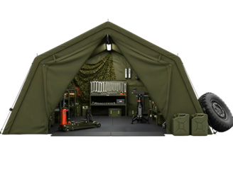 Inside of a military tent with equipment isolated on transparent background