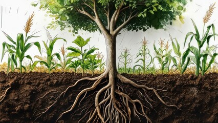 A detailed illustration of a tree's roots extending into soil, with various plants growing around it