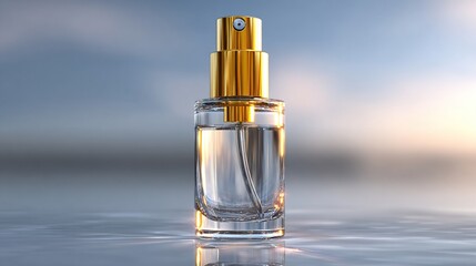 Clear glass perfume bottle with gold nozzle, sits on a reflective surface against a soft, out-of-focus sky