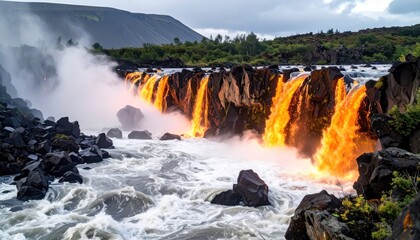 Fiery Lava Waterfall Cascading Over Dark Rocks