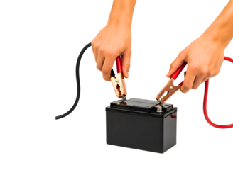 Hands using jumper cables to start a car battery isolated on transparent background