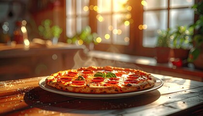 Appetizing Pizza on Wooden Table with Warm Sunlight Streaming Through Window