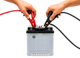 Hands using jumper cables to start a car battery isolated on transparent background