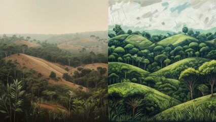 Two landscape paintings, one barren, the other vibrant, depicting hills and trees.  A comparison of ecosystems