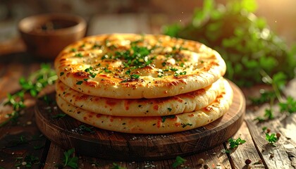 Artisan Naan Bread Stack with Parsley on Wooden Board in Rustic Lighting