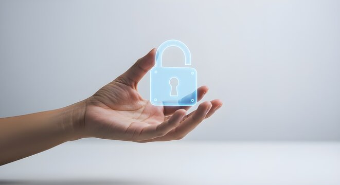 Close-up of human hand reaching for a virtual padlock, symbolizing security and privacy.