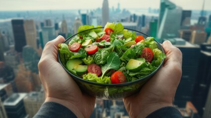 Hands holding a salad bowl, NYC skyline in background