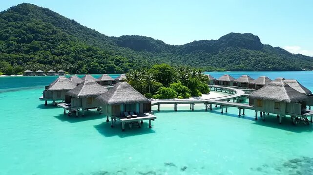 Aerial View of Luxury Overwater Bungalows Resort on a Private Tropical Island in a Pristine Blue Lagoon with Lush Green Mountains in the Background