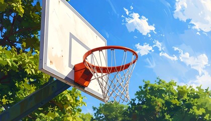 Naklejka premium Outdoor Basketball Hoop Under Sunny Sky Vibrant Artwork
