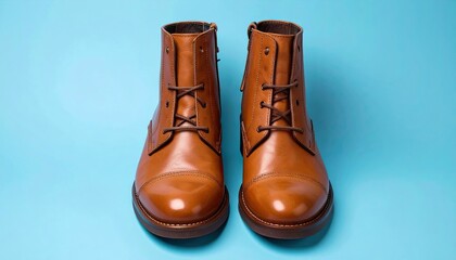 Brown Leather Ankle Boots on Light Blue Background