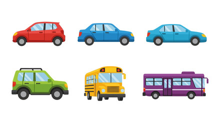 Fototapeta premium Collection of Diverse Cartoon Vehicles - Cars, SUV, School Bus, and Bus.