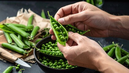 Hands Shelling Fresh Green Peas in Dark Bowl