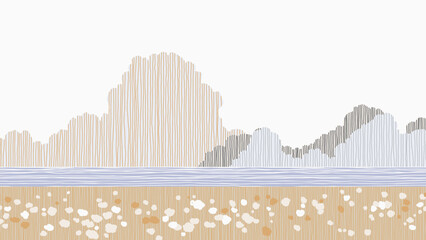 Minimalist abstract landscape featuring a serene scene of flower field scene with big fluffy clouds filled with lines of muted purple and grey tones