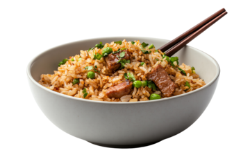 Bowl of fried rice with vegetables and meat, served with chopsticks on a white background.