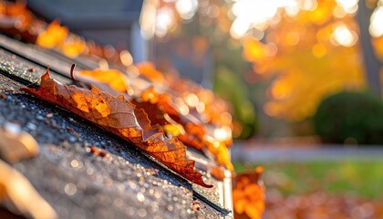 Autumn Leaves on Gutter, Warm Sunlight, Close-up