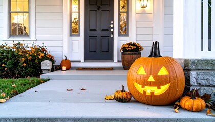 Lit Jack O'Lantern on Porch of White House at Dusk