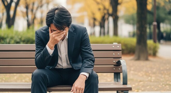 セカンドキャリアの挫折：転職活動に失敗し続け公園のベンチで苦悩している50代のシニア日本人男性