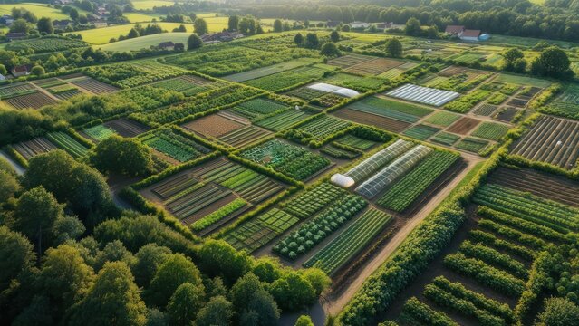 Aerial view of a large, organized farm.  Many square plots of various crops and greenhouses.  Sunlit fields and pathways