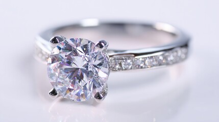 Solitaire Diamond Ring on White Background with Pave Set Band, Close Up View