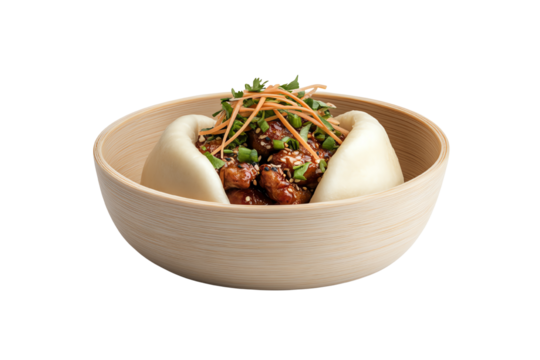 Delicious bao bun filled with savory chicken, garnished with green onions and carrot on isolated background.