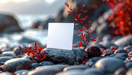 Blank Place Card on Rocky Seashore with Red Plants