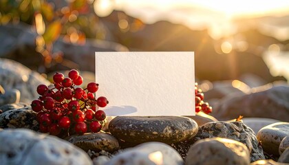 Blank Square Card Mockup on Rocky Beach at Sunset