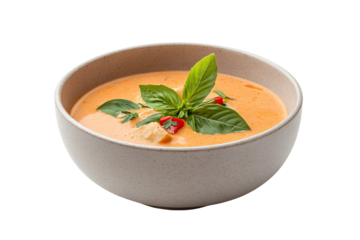 Delicious bowl of creamy soup garnished with fresh basil and red chili peppers.